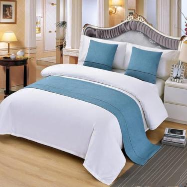 Imagem de Camas de cama e cachecóis hotel moderno toalha de cama cor sólida ponta de cama faixa decorativa macia proteção de cama minimalista colcha para cama de solteiro queen king size - azul ||casal/casal