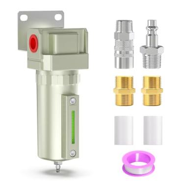 Imagem de MEANLIN Filtro de umidade do compressor de ar de alumínio, filtro de linha de ar de drenagem manual, entrada NPT de 0,9 cm com medidor de 150 PSI e interruptor de desligamento de válvula para ar