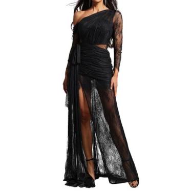 Imagem de Vestido Tsukko Maxi preto de renda com um ombro franzido