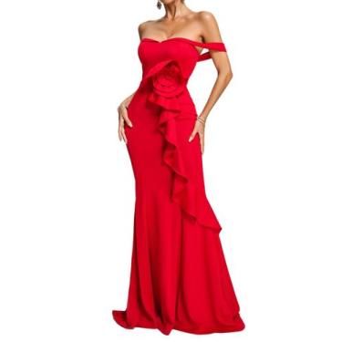 Imagem de Vestido Bella Barnett Flower Off Shoulder Maxi Ruffle Red
