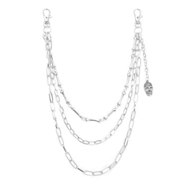 Imagem de DIKJAK Corrente de calça de quadril em camadas com pingentes de caveira – Acessório de brim de osso ousado para hip hop, punk e streetwear, correntes de jeans para homens e mulheres, Prata, 20.0