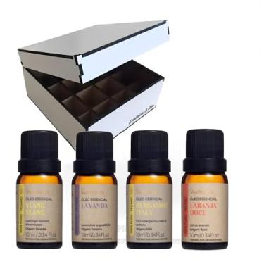 Imagem de Kit Óleo Essencial Aromático + Caixa Organizadora MDF – Lavanda, Bergamota, Ylang Ylang e Laranja Doce