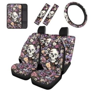 Imagem de Cozeyat Capas de assento de carro de caveira floral para mulheres com protetores de cinto de segurança para volante e capa de apoio de braço para console automotivo conjunto de 8 acessórios de carro