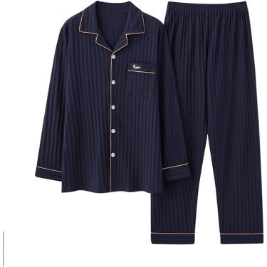 Imagem de Pijama masculino define algodão de manga comprida, manga longa de tecido de tecido de botão com roupão de banho e calça superior de 3, azul escuro02,4xl