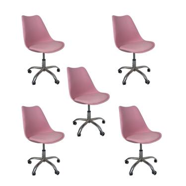 Imagem de Kit 5 Cadeiras Office Base Cromada Com Rodizio Giratória Saarinen Rosa