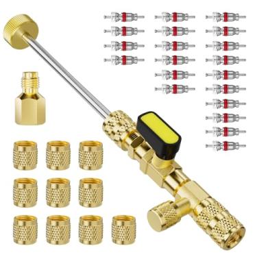 Imagem de HTOMT Ferramenta instaladora de remoção de núcleo de válvula com adaptador de latão SAE de tamanho duplo SAE 1/4 e 5/16, ferramenta de válvula Schrader para sistemas refrigerantes R22 R410a (1