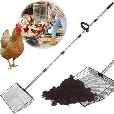 Imagem de Colher de cocô de galinha grande de 38 cm com aderência ergonômica, pá de frango destacável 6 em 1 para pá de cocô (50 a 200 cm), pá de peneiramento de aço inoxidável para galinheiro/barraca de cabra