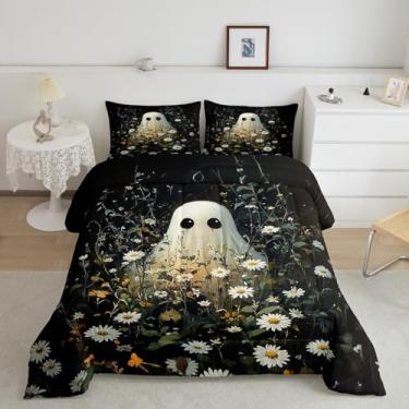 Imagem de Conjunto de edredom infantil Ghost Mystic para meninos tamanho casal, conjunto de edredom rústico com margaridas e flores, decoração de quarto, edredom macio de microfibra escovada feliz dia das
