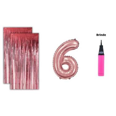 Imagem de Kit 2 Cortinas Metalizadas e Balão Número Bomba de Ar- Rose - Partiufe
