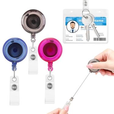 Imagem de Eagle Carretéis retráteis para crachá de identificação, pacote com 3, fio de nylon durável, extensor de 73,7 cm, clipe de cinto de metal - azul transparente/preto/rosa para crachás de trabalho