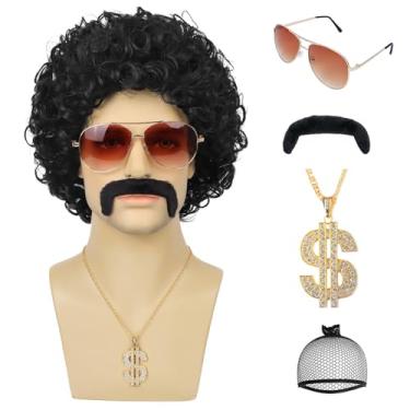 Imagem de YTbeauty Peruca Disco Dos Anos 70 E 80 Com Bigode, Óculos De Sol, Colar Corrente Dourada, Curto, Afro Cacheado, Para Homens, Fantasia Hippie Roqueiro 60, Cosplay, Festa Halloween (Preto)