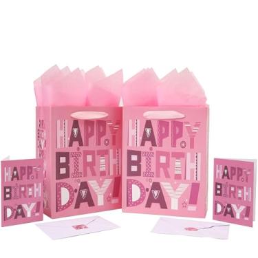 Imagem de Pacote com 2 sacos de presente de aniversário rosa médio de 26 cm com cartões comemorativos e papéis de seda para mulheres, meninas, crianças, adolescentes, design de desenho animado, 2 peças