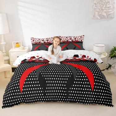 Imagem de Conjunto de capa de edredom infantil com laço vermelho preto tamanho Queen, joaninha joaninha, besouro, inseto, decoração de quarto de meninas, meninos, estampa geométrica de bolinhas, linda capa de
