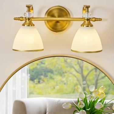 Imagem de ANDY STAR Luminária De Banheiro Star, Dourada Escovada, 2 Luzes, Luminárias Vintage Sobre Espelho, Arandela Latão Com Cúpula Vidro Fosco Leitoso