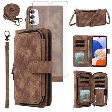 Imagem de Capa de celular para Samsung Galaxy A14/M14 5G carteira celular com protetor de tela de vidro temperado alça transversal alça flip suporte zíper bolsa porta-cartões slot dinheiro A 14 4G 14 A 14 M G5