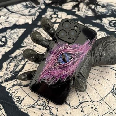 Imagem de Unitvbba Capa de telefone gótica 3D feita à mão com olho de monstro – ajuste personalizado para todos os modelos de telefone – exclusiva para fãs de terror, cosplay, amantes de estética escura (roxo+