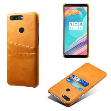 Imagem de Capas Compatível com Oneplus 5T,Caso de couro PU-Tampa de telefone a prova de choque com 2 slots de cartão,Proteção anti-impressão digital e anti-gota-Yellow