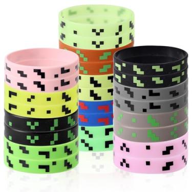 Imagem de 26un Lembranças Festa com Tema Pixel, 2 Estilos 13 Cores Pulseiras Silicone com Tema Pixel Pulseiras que Brilham No Escuro para Festas Infantis Temáticas(Luminoso 8, Regular 18)