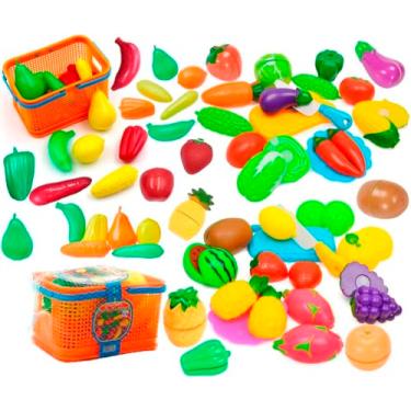 Imagem de Brinquedo Kit De Comidinhas Cesta Com Legumes E Frutas Feirinha Infantil + Faca E Tábua