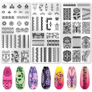 Imagem de beinkmake Conjunto de 3 peças de placas de estampagem de unhas de borboleta com acabamento de renda, asas de borboleta, aço inoxidável, modelos de carimbos de unhas de silicone transparente com