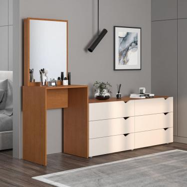 Imagem de Cômoda Penteadeira 6 Gavetas com Espelho Porto Creme/Freijó