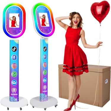 Imagem de RDYMONKEY ZLPOWER Cabine fotográfica para qualquer iPad com suporte de iPad com logotipo personalizado gratuito, controle remoto, luzes de anel de beleza RGB, máquina portátil de cabine fotográfica e