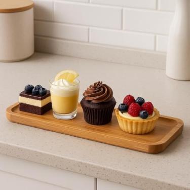 Imagem de Petisqueira Retangular de Bambu 26x10cm com Bordas Elevadas, queijos finos, castanhas, frutas secas, azeitonas, molhos, doces, canapés e Aperitivos em Geral.