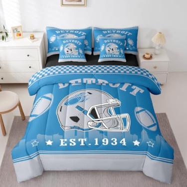 Imagem de Erosebridal Jogo de cama de solteiro, 7 peças, esportivo, futebol americano, cidade, lençol com elástico, para crianças e adultos, azul (Detroit)