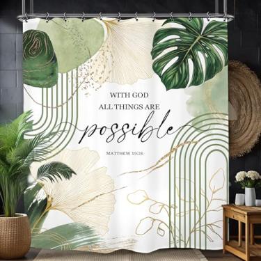 Imagem de Yookeb Cortina de chuveiro de banheiro abstrata verde esmeralda sálvia 152 cm por 188 cm de altura, moderna, minimalista, tropical, folhas de palmeira, planta estética, geométrica, 12 ganchos de