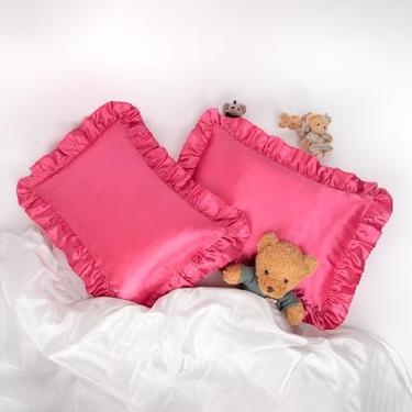 Imagem de HommxJF Capa de almofada infantil de cetim rosa choque 33 x 45,7 cm, respirável e refrescante de cetim com babados, conjunto de 2 fronhas com fecho de envelope