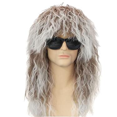 Imagem de FALAMKA Peruca longa encaracolada Mullet Perucas Cosplay 80s Peruca masculina rocker, fantasia de Halloween (branca)