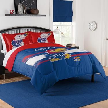 Imagem de Conjunto de edredom Kansas Jayhawks – roupa de cama Jayhawks para dormitórios, quartos de hóspedes, trailers, tailgates e KU, decoração de dia de jogo, casal/queen