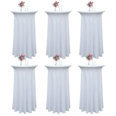 Imagem de Yoquare 6 pacotes de saia branca redonda para mesa de coquetel 61 x 109 cm – toalha de mesa de elastano elástico com cortinas onduladas, resistente a manchas e rugas, lavável na máquina para casamento