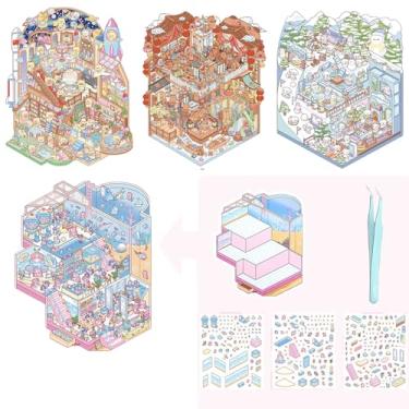 Imagem de Kit de artesanato DIY com 4 conjuntos de adesivos 3D grandes – Monte seu próprio livro de adesivos em miniatura (museu/estação de esqui/parque de diversões/aquário) para crianças e adultos, kit de