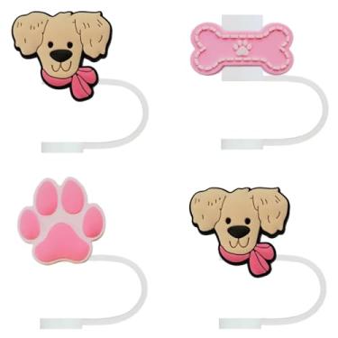 Imagem de STRACOUPI Tampa de palha de silicone para cães rosa para copos Stanley, acessório decorativo reutilizável, pacote com 4