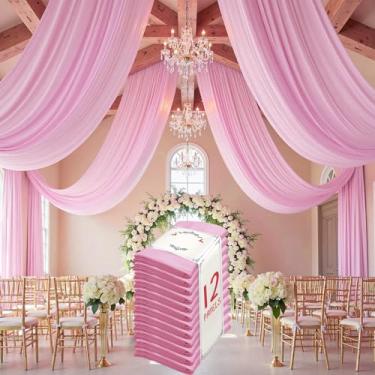 Imagem de leegleri Cortina de teto rosa de 60 pés × 20 pés para festas de casamento, tecido drapeado de poliéster sem rugas, cortina rosa para festa, barraca, hotel, banquete, salão, decoração de teto, 12