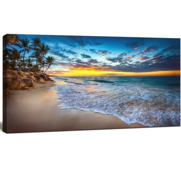 Imagem de Arte de parede grande pôr do sol e praia em tela para sala de estar, pintura costeira, decoração de parede, imagem de paisagem marítima, natureza, oceano, impressão de pôster para decoração de cozinha