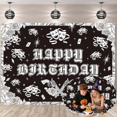 Imagem de Tema Cholo Pano de fundo de feliz aniversário 1,8 x 1,8 m, fundo fotográfico do início dos anos 2000, preto com glitter, faixa Old School, decoração de festa de aniversário, adereços para fotos