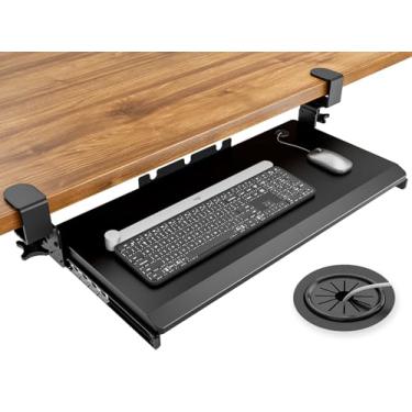 Imagem de Hemudu Bandeja Para Teclado Sob A Mesa, Removível Com Sistema De Montagem De Grampo C Extra Resistente, 27,3 (32,5 Polegadas, Incluindo Grampos) X 11 Polegadas, Plataforma Deslizante, Gaveta Para Co