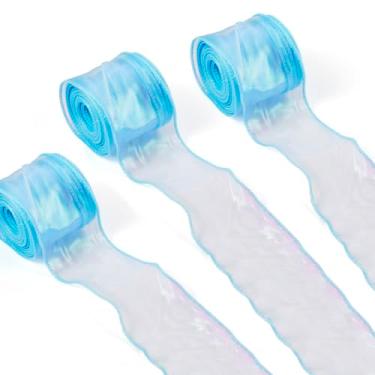 Imagem de Spritewelry Fita de organza rosa transparente com 3 rolos fita iridescente larga com fio para embrulho de festa de flores com laço para decoração de aniversário (azul celeste)