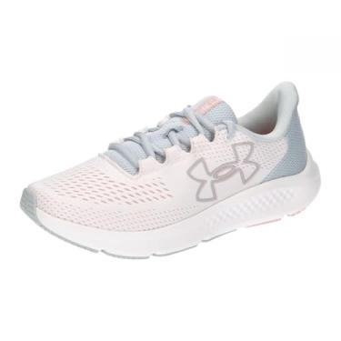 Imagem de Under Armour Tênis de corrida feminino com logotipo grande Charged Pursuit 3, (101) Branco/Cinza Halo/Rosa Fizz, 40