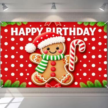 Imagem de HOMETITUTE Decorações de faixa de Natal feliz aniversário 188 x 109 cm pano de fundo de festa de homem de gengibre bengala doce vermelho de bolinhas para crianças decorações de aniversário para