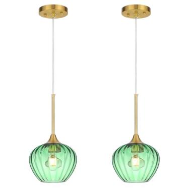 Imagem de QianZhan Pacote com 2 lâmpadas pendentes de vidro verde, 18 cm, modernas, luminárias de teto, vintage, verde, mini luminária suspensa para cozinha, ilha, sala de jantar, restaurante, bar, quarto