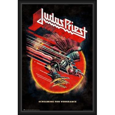 Imagem de BUY ART FOR LESS Pôster emoldurado oficialmente licenciado Judas Priest - Gritando pela Justiça - 61 x 91 cm - Moldura de madeira projetada resistente com vidro plexi - Pronto para pendurar