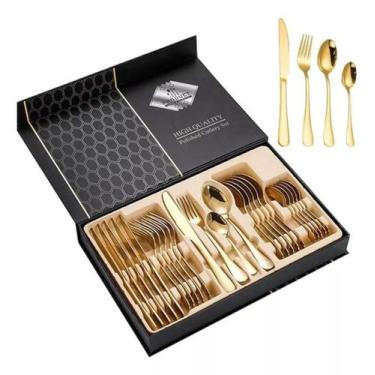 Imagem de Faqueiro Aço Inox 24 Peças Dourado Caixa Preta Luxo - Smart