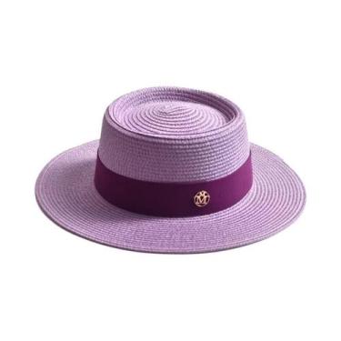 Imagem de Chapéu De Sol De Palha De Verão Feminino Aba Plana Fita Boné De Praia 