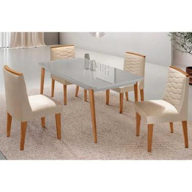 Imagem de Conjunto Sala de Jantar Havana c/ Tampo Madeirado c/ Vidro Canto Curvo 120x80cm e 4 Cadeiras Maldivas Madeira Maciça Naturale/Off White - Capuccino/Su