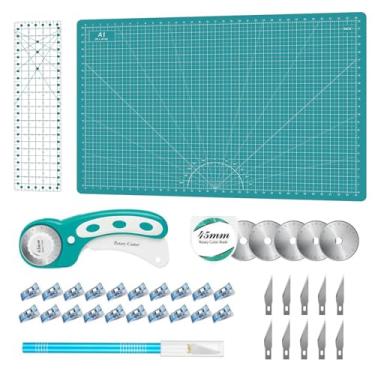 Imagem de Conjunto de cortadores rotativos – kit de acolchoamento, inclui cortador de tecido de 45 mm, 5 lâminas de substituição, tapete de corte A1, régua de acrílico e clipes de costura, conjunto de facas