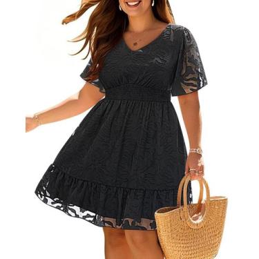 Imagem de Vestido Pinup Fashion preto plus size, renda floral de verão 2025