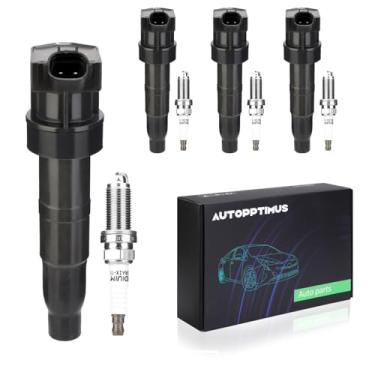 Imagem de Autopptimus Conjunto de 4 bobinas de ignição e velas de ignição UF611 compatíveis com Hyundai Equus Genesis Sonata Tucson Kia Borrego K900 Optima Sorento 2.0L 2.4L 4.6L 5.0L L4 V8 Substitui UF611